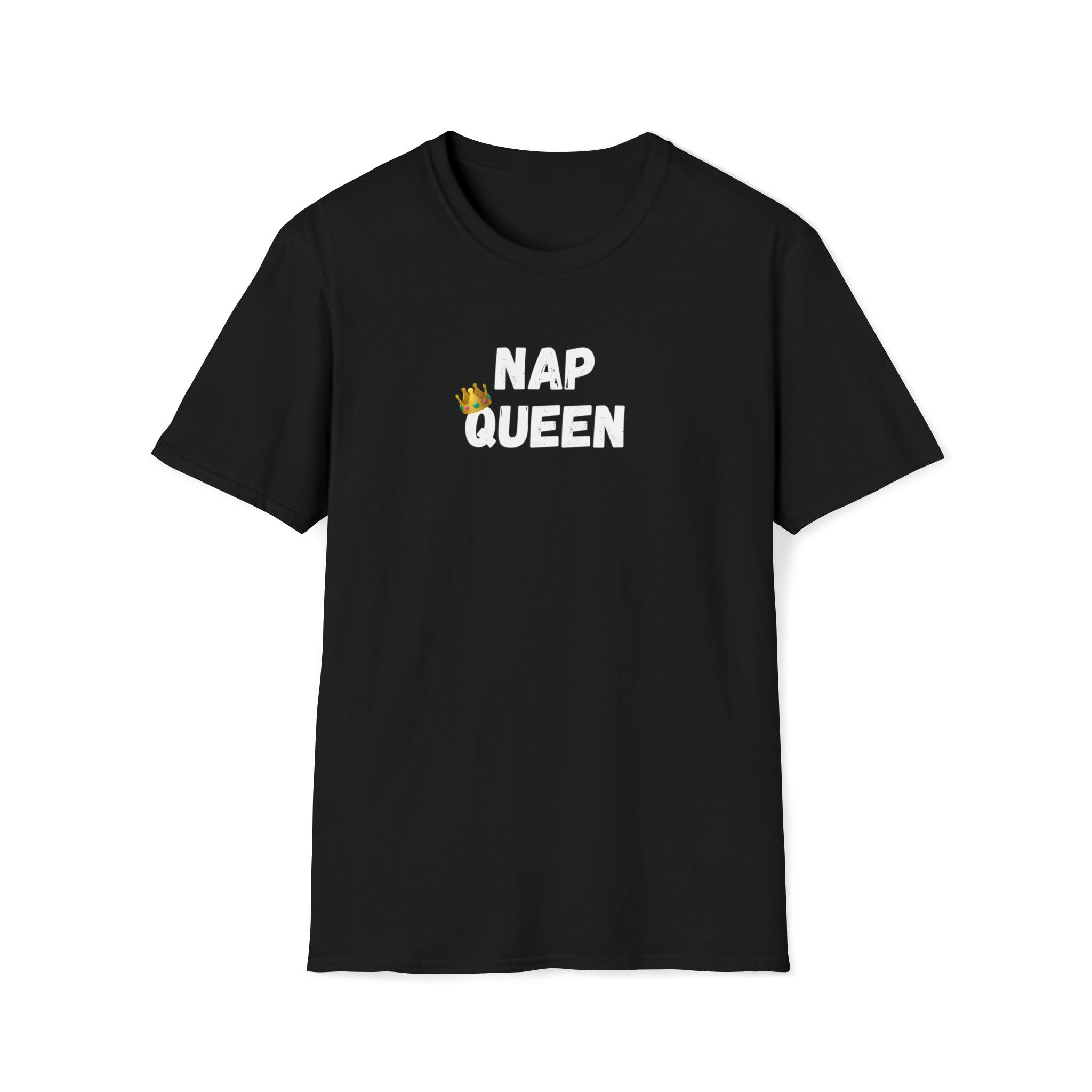 Woman wearing a funny Nap Queen shirt in black to demonstrate how cozy and comfortable the tee is.