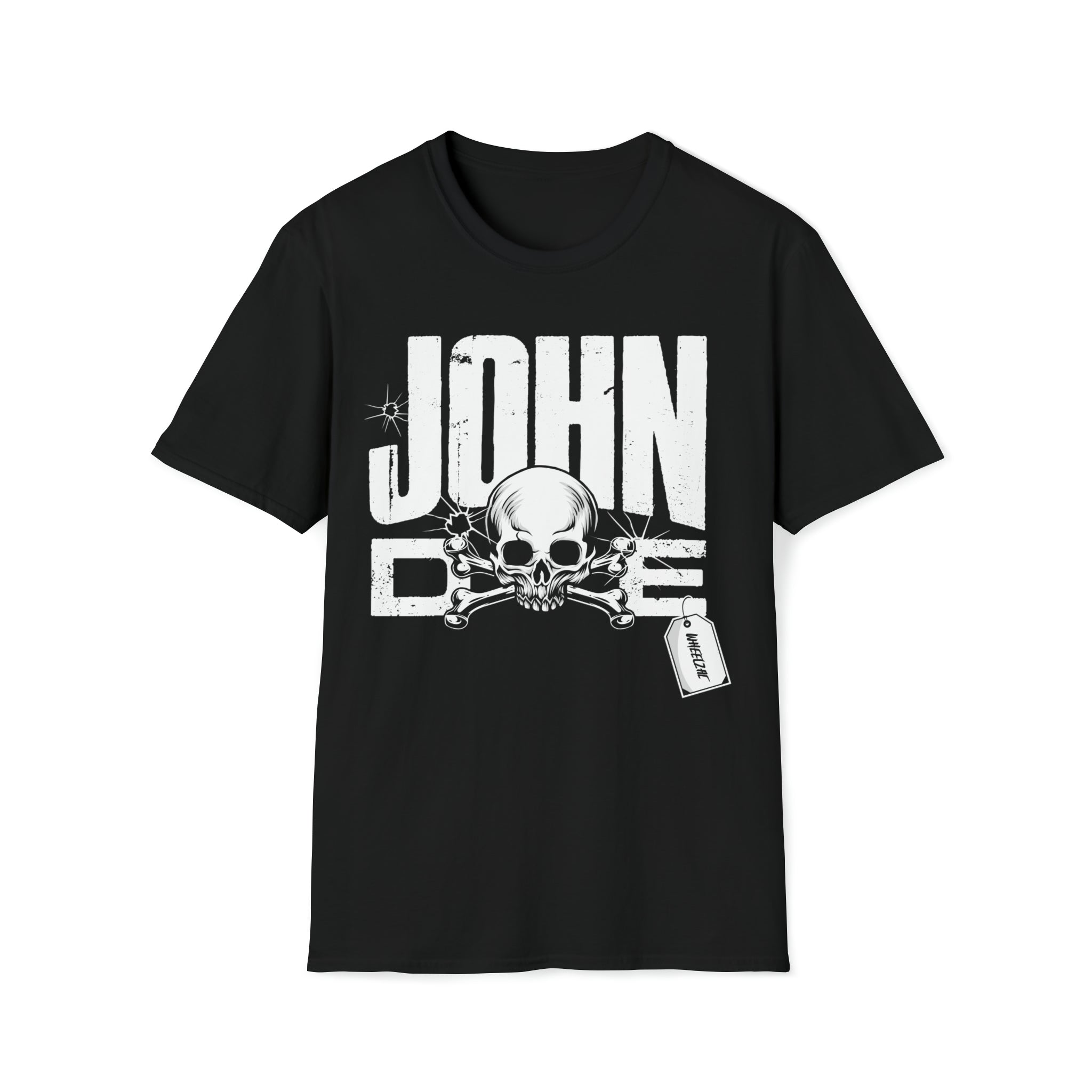 Trendy unisex cotton crewneck shirt for men featuring edgy skull and crossbones anonymous John Doe design inspired by vigilantism. 